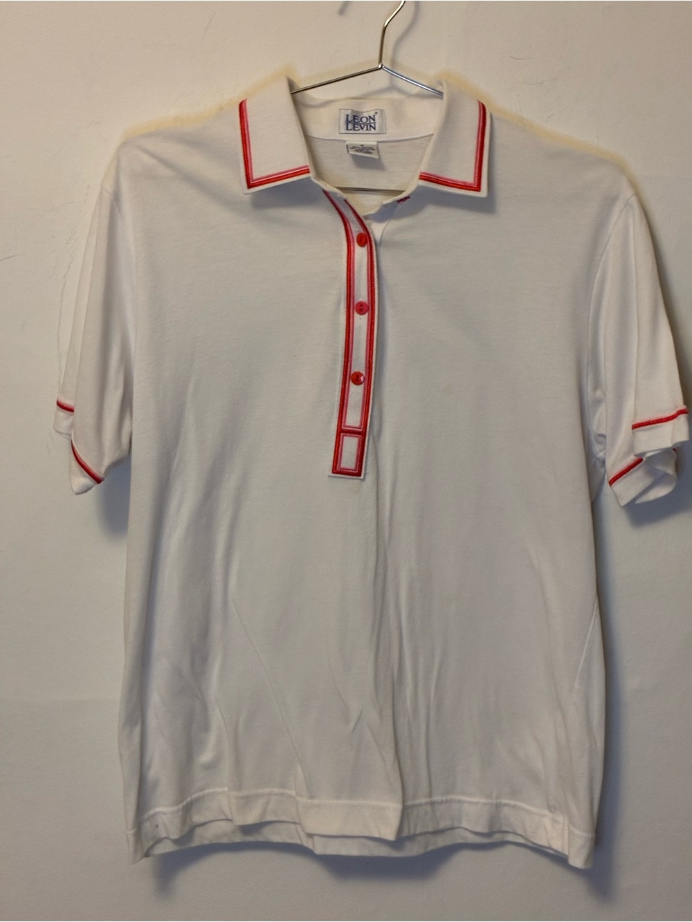 Vintage  Leon Levin Short Sleeve White Polo with Red and Pink Trim